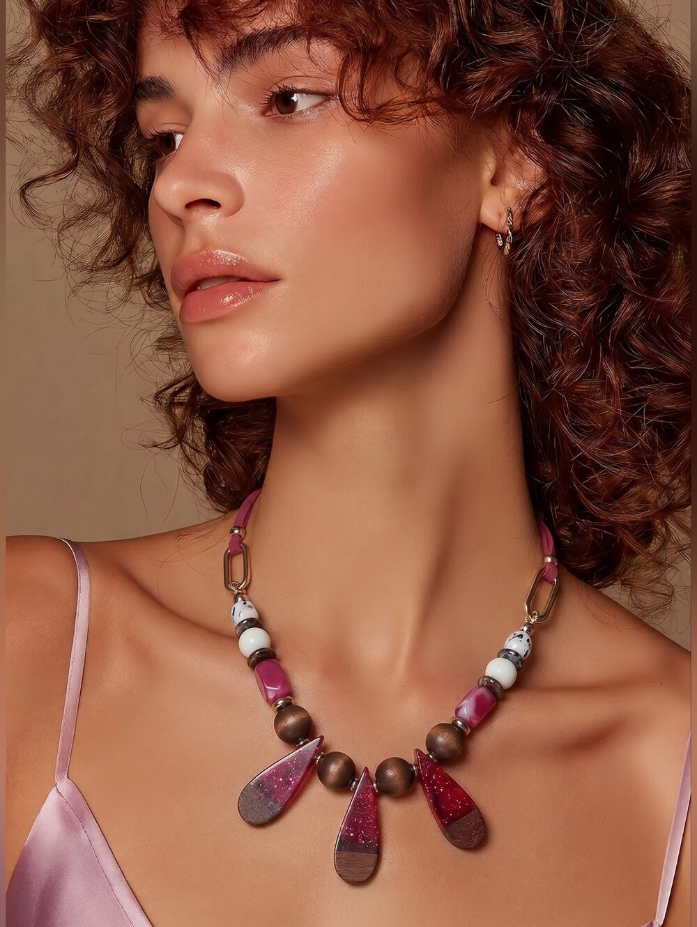 Cato Pink, Brown and White Mixed Bead Pendant Necklace